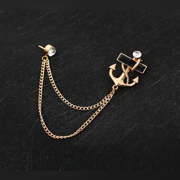 Men's Black Gem Anchor Chain Brooch - Picture 2 of 3